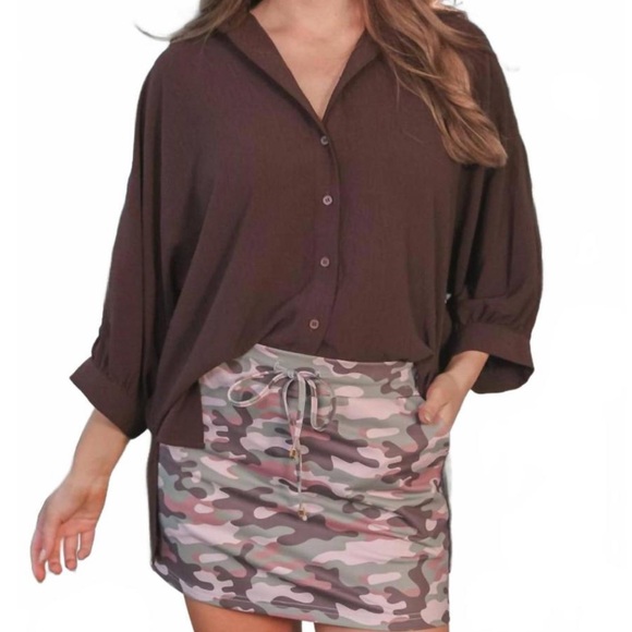 NEW JESS LEA camo crush drawstring pocket skort in khaki - Picture 2 of 2